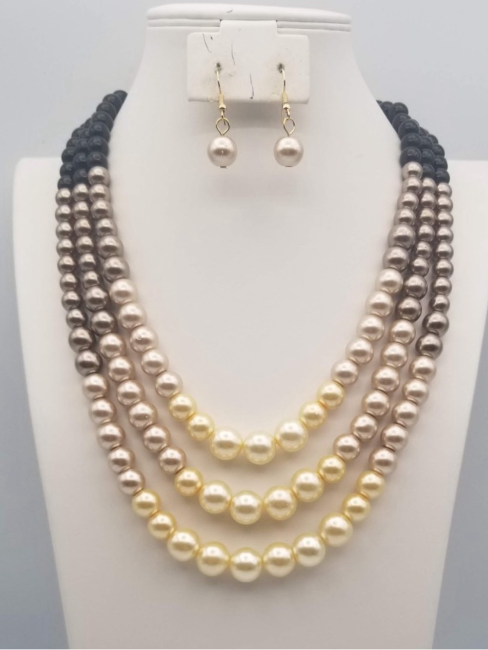 Multi-Row Pearl Necklace and Earrings Set - Cream, Gold, Gray